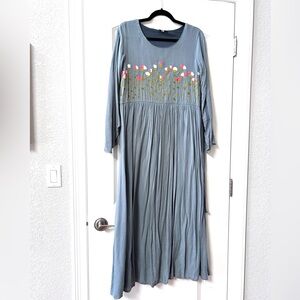 Vintage Embroidered Maxi Cottage floral dress. Tie back. Bell sleeve. Fairy.